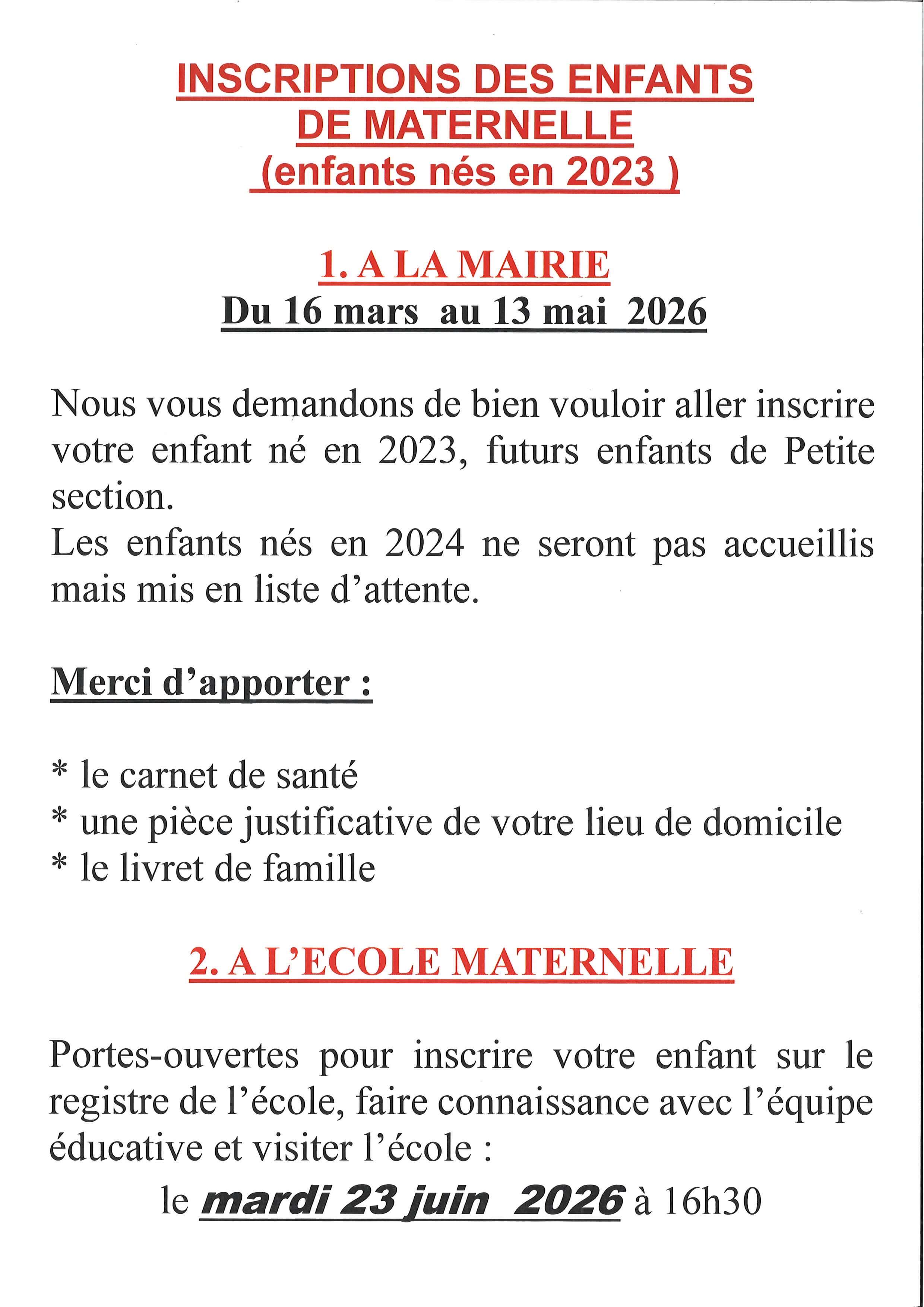 Photo actualité INSCRIPTION DES ENFANTS DE MATERNELLE