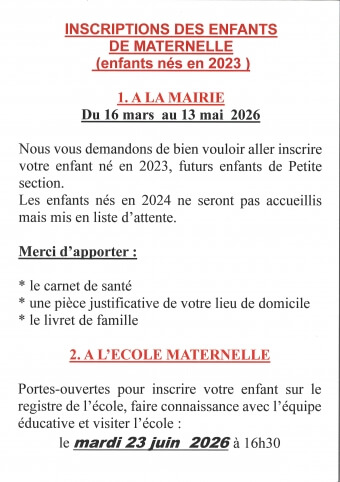 Photo actualité INSCRIPTION DES ENFANTS DE MATERNELLE
